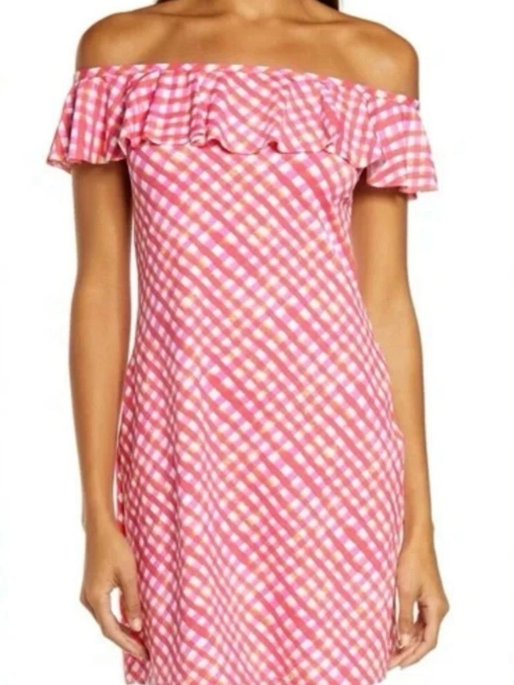 Gingham Ruffled Off-The-Shoulder Cover-Up Dress